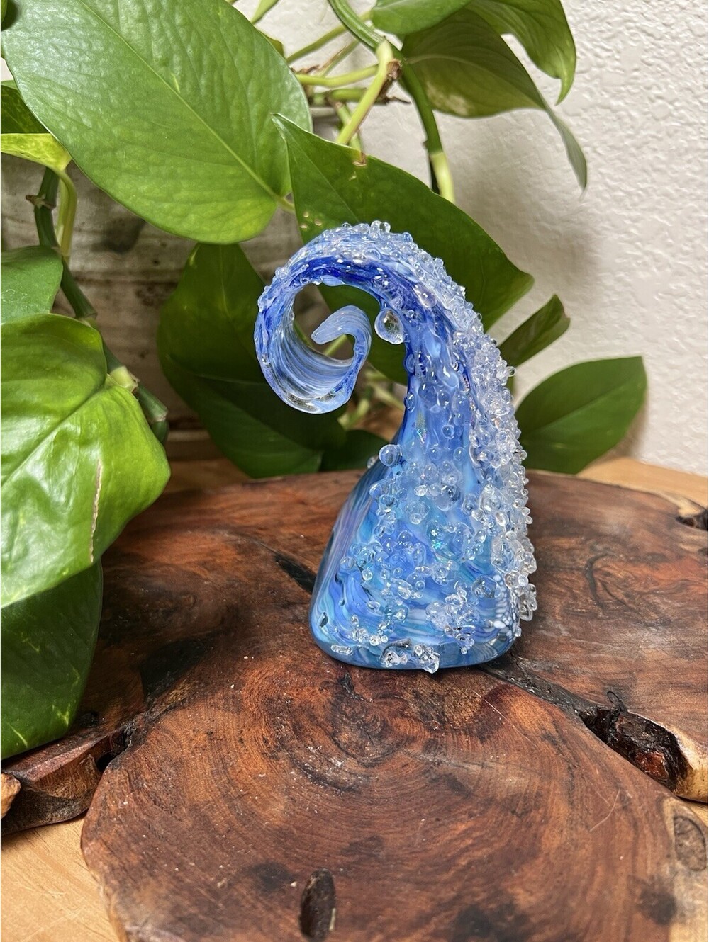 Ocean Wave Art Glass Sculpture Blue Swirl Handblown Signed By Artist San Diego